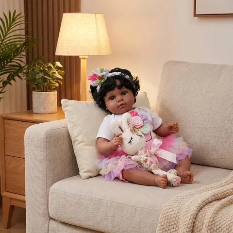 Muñeca Reborn Realista Piel Oscura Silicona Suave Cuerpo de Tela Cabello Enraizado con Vestido de Tul Pétalos Diadema Juguete Conejo Regalo para Niños