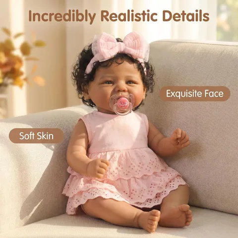 Poupée Reborn Vivienne Réaliste Corps en Vinyle Souple et Tissu Yeux Ouverts Robe en Dentelle Rose Cheveux Enracinés à la Main Cadeau Pour Enfants