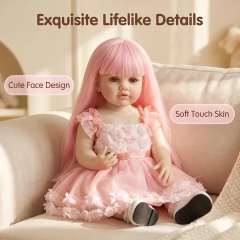 Realistic Betty Reborn Baby Doll 22 Inch 55cm Vinyl Simulation Doll With Pink Long Hair Floral Princess Dress For Children Gift