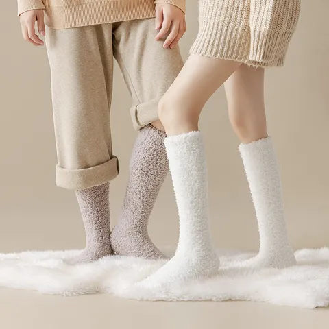 Thick Warm Coral Fleece Knee High Socks For Women Men Unisex Solid Color Fuzzy Winter Calf Socks Soft Thermal Home Socks
