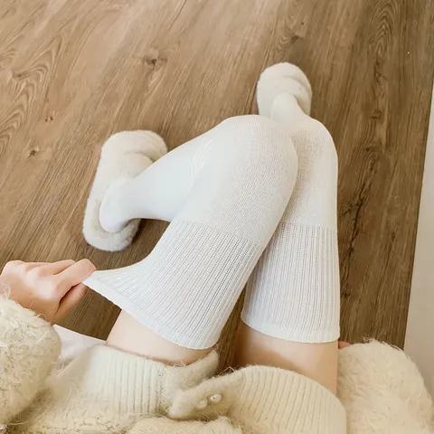 Calcetines Altos de Invierno Cálidos para Mujer de Vellón Cepillado Mezcla de Algodón Calcetines Largos de Color Sólido Antideslizantes de Canalé