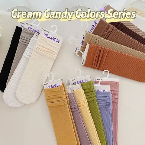 Damen Gerippte Slouch Socken Weich Dünn Atmungsaktiv Mittelhohe Socken Koreanischer Stil Sommer Frühling Einfarbig Baumwollmischung Socken