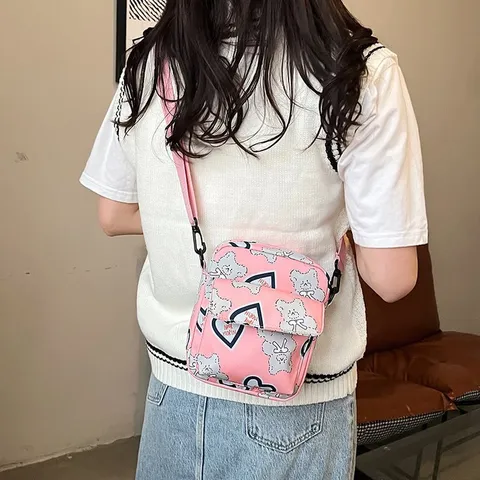 Bolso Bandolera de Nailon con Estampado de Dibujos Animados para Mujeres Estudiantes Bolso Cuadrado Pequeño Estilo Graffiti