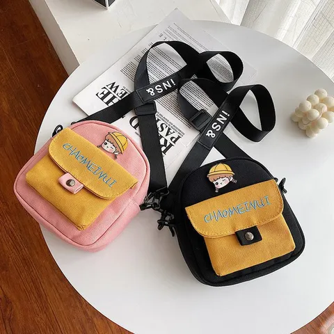 Bolso Bandolera de Lona con Bordado de Dibujos Animados Estilo Harajuku para Mujer Bolso de Hombro Pequeño para Teléfono Color de Contraste