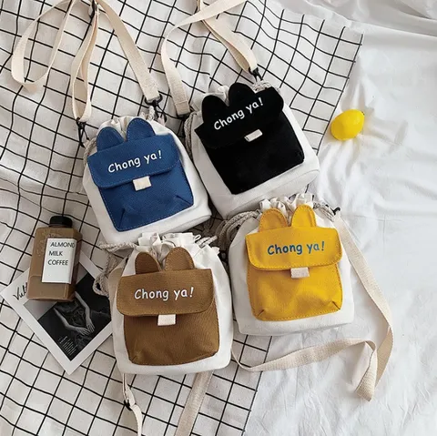 Bolso de Cubo de Lona Estilo Japonés para Estudiante Diseño de Orejas de Conejo Bolso de Hombro Mujer Moda Casual Pequeño Bandolera