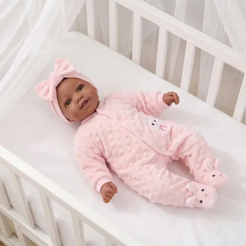 Realistic Reborn Baby Doll Vinyl Head Cloth Body African American Skin Pink Rabbit Print Bodysuit Bow Headband Toy Doll For Kids Birthday Gift