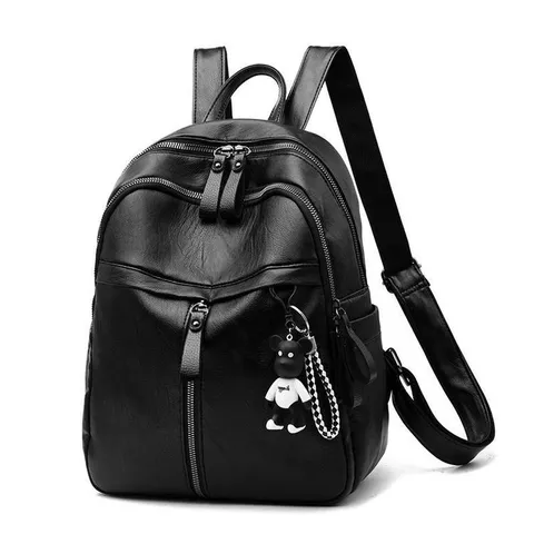 Mochila de Cuero de PU para Mujer Gran Capacidad Bolsa Escolar Minimalista Urbana Mochila de Viaje Casual Con Colgante de Oso Negro