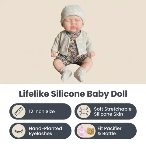 12 Inch Lifelike Silicone Baby Doll Realistic Solid Sleeping Reborn Doll With Polka Dot Floral Clothing For Kids Christmas Gift