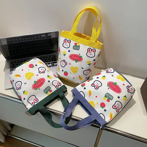 Cute Japanese Cartoon Canvas Lunch Bag Portable Printed Bento Bag For Women Students Office Workers Daily Handbag
