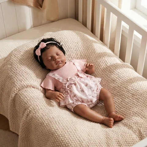 19 Inch Reborn Baby Doll Lifelike Sleeping Girl Doll With Pink Floral Romper Outfit Headband Silicone Soft Cloth Body Toy Newborn Doll Gift