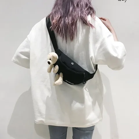 Kawaii 3D Plush Bear Canvas Chest Bag Women Cute Animal Decor Crossbody Waist Bag Casual Korean Style Messenger Bag