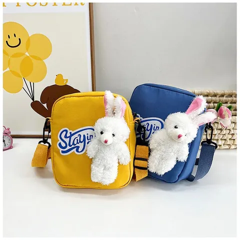 Bolso Bandolera de Conejo de Dibujos Animados Japonés para Mujer Bolso Cuadrado Pequeño de Nailon con Adorno de Peluche Bolso de Hombro