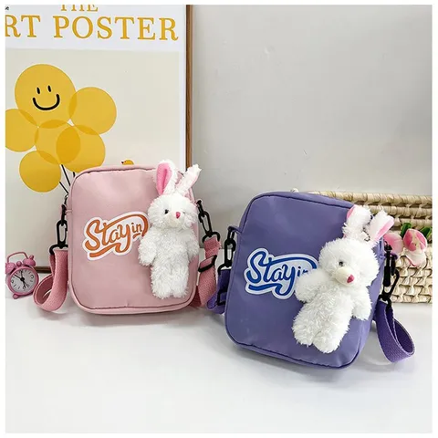 Bolso Bandolera de Conejo de Dibujos Animados Japonés para Mujer Bolso Cuadrado Pequeño de Nailon con Adorno de Peluche Bolso de Hombro