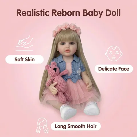 22 Inch Realistic Reborn Baby Doll Betty Full Vinyl Body 55cm Weighted Blonde Hair Girl Doll With Pink Lace Dress Denim Jacket And Bear Toy Gift For Kids