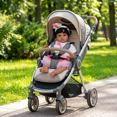 Muñeca Reborn Realista Piel Oscura Silicona Suave Cuerpo de Tela Cabello Enraizado con Vestido de Tul Pétalos Diadema Juguete Conejo Regalo para Niños