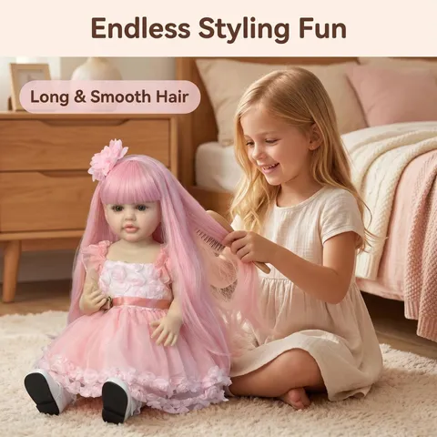 Realistic Betty Reborn Baby Doll 22 Inch 55cm Vinyl Simulation Doll With Pink Long Hair Floral Princess Dress For Children Gift
