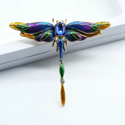 Vintage European Enamel Dragonfly Brooch Alloy Colorful Insect Rhinestone Lapel Pin For Suit Apparel Fashion Jewelry