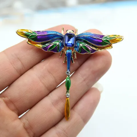 Vintage European Enamel Dragonfly Brooch Alloy Colorful Insect Rhinestone Lapel Pin For Suit Apparel Fashion Jewelry