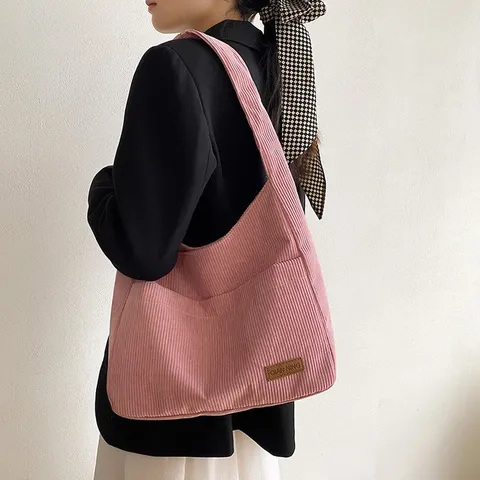 Women Large Capacity Corduroy Tote Bag Minimalist PU Trim Shoulder Bag For University Students School Daily Use