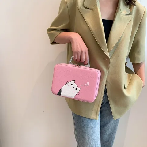 Trousse de Maquillage Imprimé Chat de Dessin Animé en Cuir PU Boîte Cosmétique Portable Avec Poignée en Métal Organisateur de Voyage Imperméable