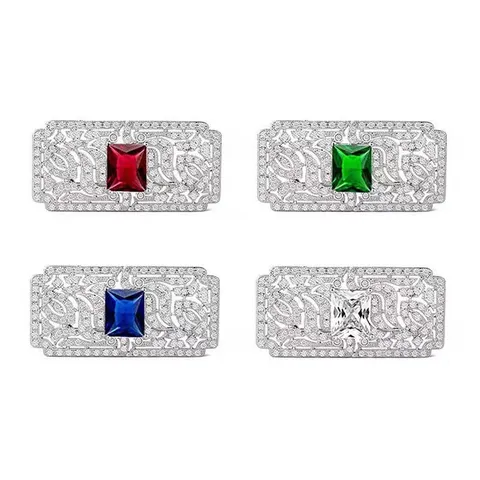 Spilla Rettangolare Retrò in Lega di Zinco Con Strass Intarsiati Smeraldo Blu Rosso Bianco Gemme per Abiti Formali