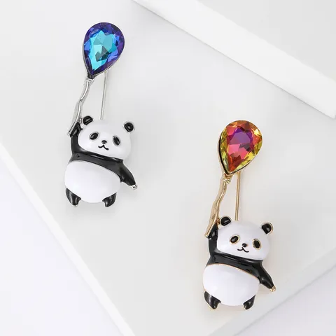 Cute Panda Balloon Brooch Alloy Enamel Rhinestone Animal Lapel Pin Gold Silver Panda Brooches For Women Fashion Jewelry Gift