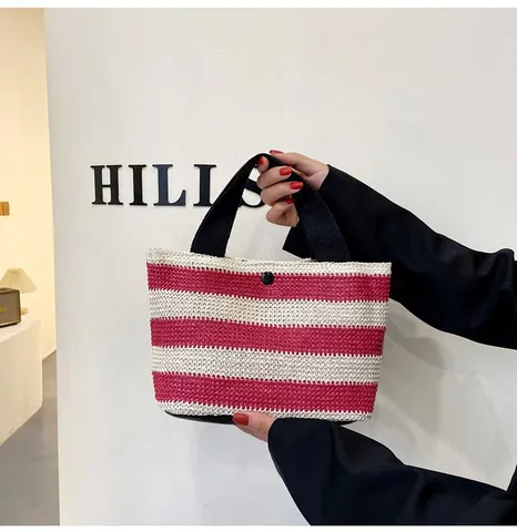 Women Straw Woven Striped Handbag Casual Summer Beach Tote Bag Large Capacity Fabric Top Handle Bag Fashion Travel Bag