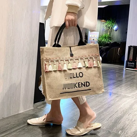 Women Large Capacity Linen Cotton Blend Tote Bag Letter Hello Weekend Print Commuter Handbag Casual Shopping Shoulder Bag With Tassels