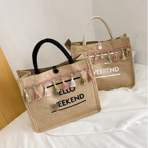 Women Large Capacity Linen Cotton Blend Tote Bag Letter Hello Weekend Print Commuter Handbag Casual Shopping Shoulder Bag With Tassels