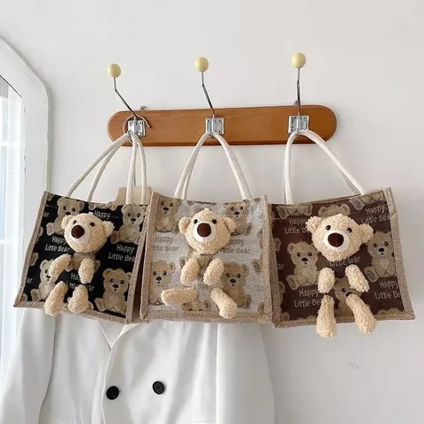 Cute Cartoon Bear Cotton Linen Handbag With 3D Plush Toy Happy Little Bear Printed Portable Student Lunch Bag Tote