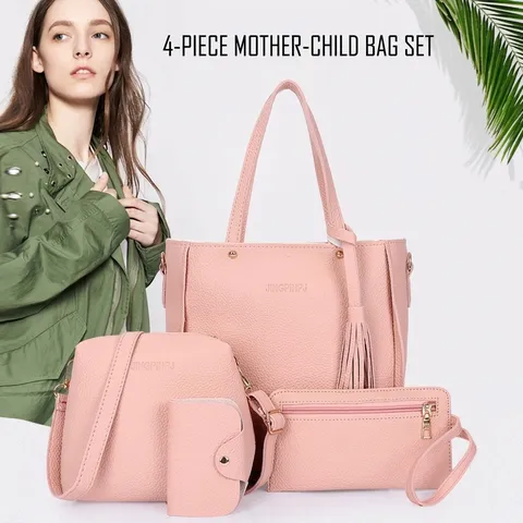 Damen Litschi-Muster PU-Leder 4-in-1 Taschen-Set Quaste Tote Umhängetasche Handtasche Brieftasche Kartenhalter Urban Mode