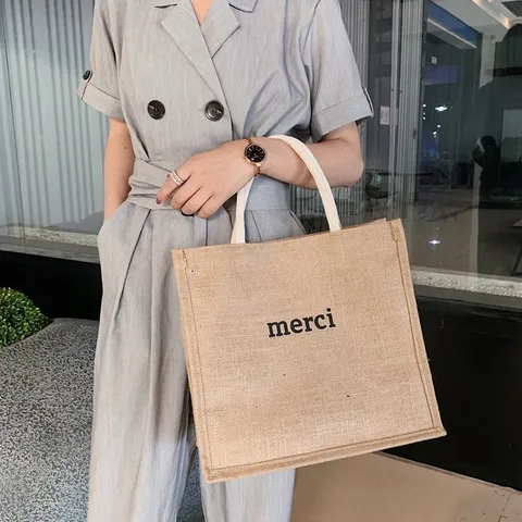 Women Large Capacity Jute Tote Bag Vintage Khaki Burlap Handbag With Merci Letter Print Casual Daily Shoulder Beach Bag