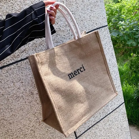 Women Large Capacity Jute Tote Bag Vintage Khaki Burlap Handbag With Merci Letter Print Casual Daily Shoulder Beach Bag