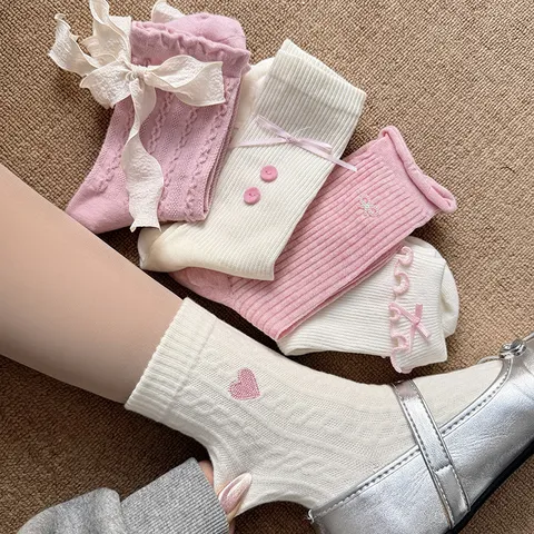 Japanese Style Sweet Mid-Calf Socks For Women Girls Kawaii Pink White Lace Bow Heart Embroidery Cotton Blend Socks