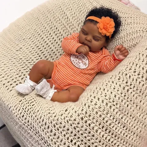 Reborn Baby Doll African American Simulation Sleeping Newborn Girl Vinyl Cloth Body Orange Striped Romper Pumpkin Floral Headband Gift