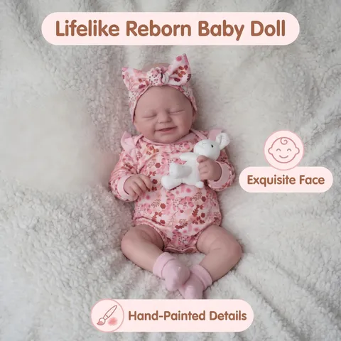 Lifelike Reborn Baby Doll With Pink Floral Outfit Cloth Body Hand Painted Vinyl Realistic Sleeping Soft Doll Toy Gift For Kids
