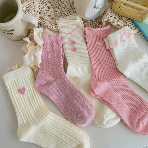 Japanese Style Sweet Mid-Calf Socks For Women Girls Kawaii Pink White Lace Bow Heart Embroidery Cotton Blend Socks