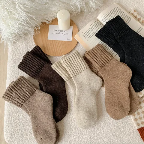 Calcetines Térmicos de Invierno Cálidos de Lana con Tejido de Rizo para Mujer Color Sólido Casual de Tubo Medio