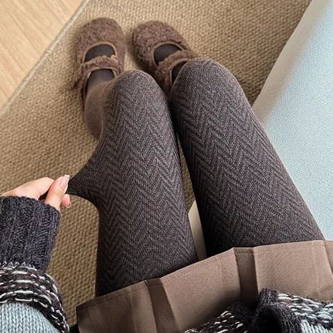 Women Sheep Wool Winter Tights Wave Pattern Seamless Toe Thick Warm Leggings Solid Color Versatile Hosiery Bottom