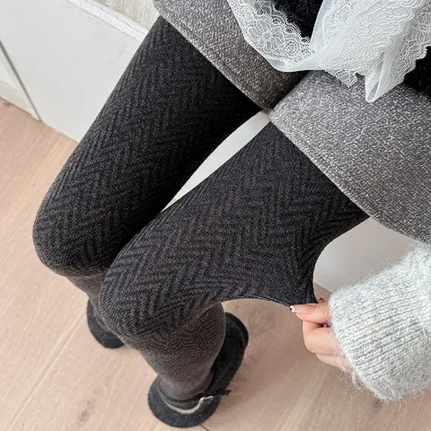 Women Sheep Wool Winter Tights Wave Pattern Seamless Toe Thick Warm Leggings Solid Color Versatile Hosiery Bottom