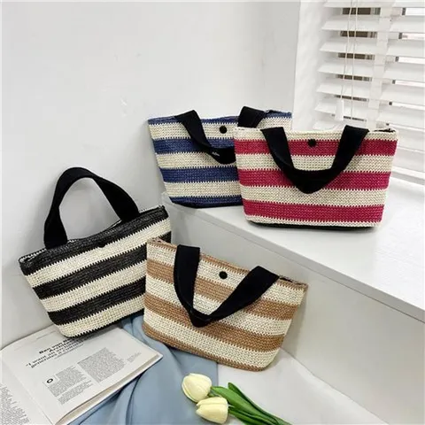Women Straw Woven Striped Handbag Casual Summer Beach Tote Bag Large Capacity Fabric Top Handle Bag Fashion Travel Bag