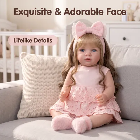 Lifelike 21 Inch Reborn Baby Doll Hand Painted Vinyl Girl Doll With Pink Princess Dress Curly Hair Missy Collection Gift