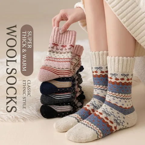 Damen Retro Ethno Fair Isle Dicke Warme Wollmischung Crew Socken Kälteschutz Verdickter Frottee Winter Schneesocken