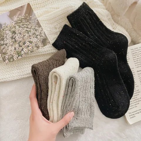Women Winter Ribbed Speckled Yarn Crew Socks Cotton Blend Thermal Mid-Tube Socks Solid Color Warm Thick Daily Stockings