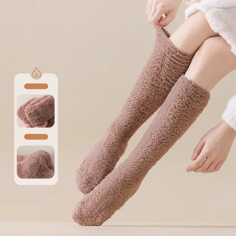 Women Thick Coral Fleece Sleeping Socks Winter Warm Long Tube Home Socks Soft Solid Color Fuzzy Thermal Over Knee Socks