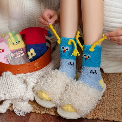 Calcetines de Invierno Engrosados de Vellón de Coral para Mujer Cálidos Dibujos Animados Payaso de Suelo Dormir Suaves