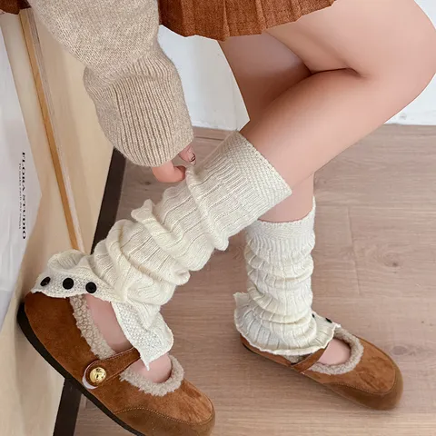Women Winter Knit Leg Warmers Slouch Socks Three Button Long Boot Cuffs Preppy Style Solid Color Fashion Accessories