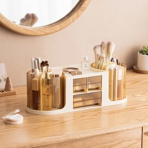 Light Luxury Plastic Makeup Organizer Large Capacity Storage Box Rotating Brush Holder Drawers For Vanity Bedroom Desktop Dresser