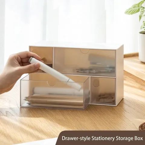 Caja de Almacenamiento de Papelería con Cajones Transparentes Organizador de Escritorio de Plástico Compartimentos Antipolvo Útiles Escolares
