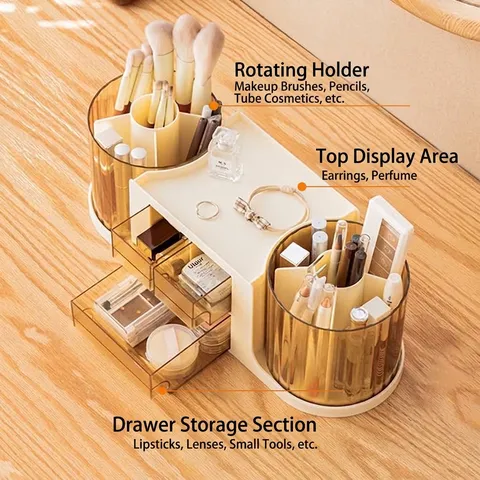 Light Luxury Plastic Makeup Organizer Large Capacity Storage Box Rotating Brush Holder Drawers For Vanity Bedroom Desktop Dresser